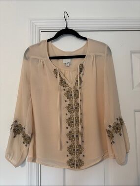 Greylin Embroidered Tie-Front Peasant Blouse - S